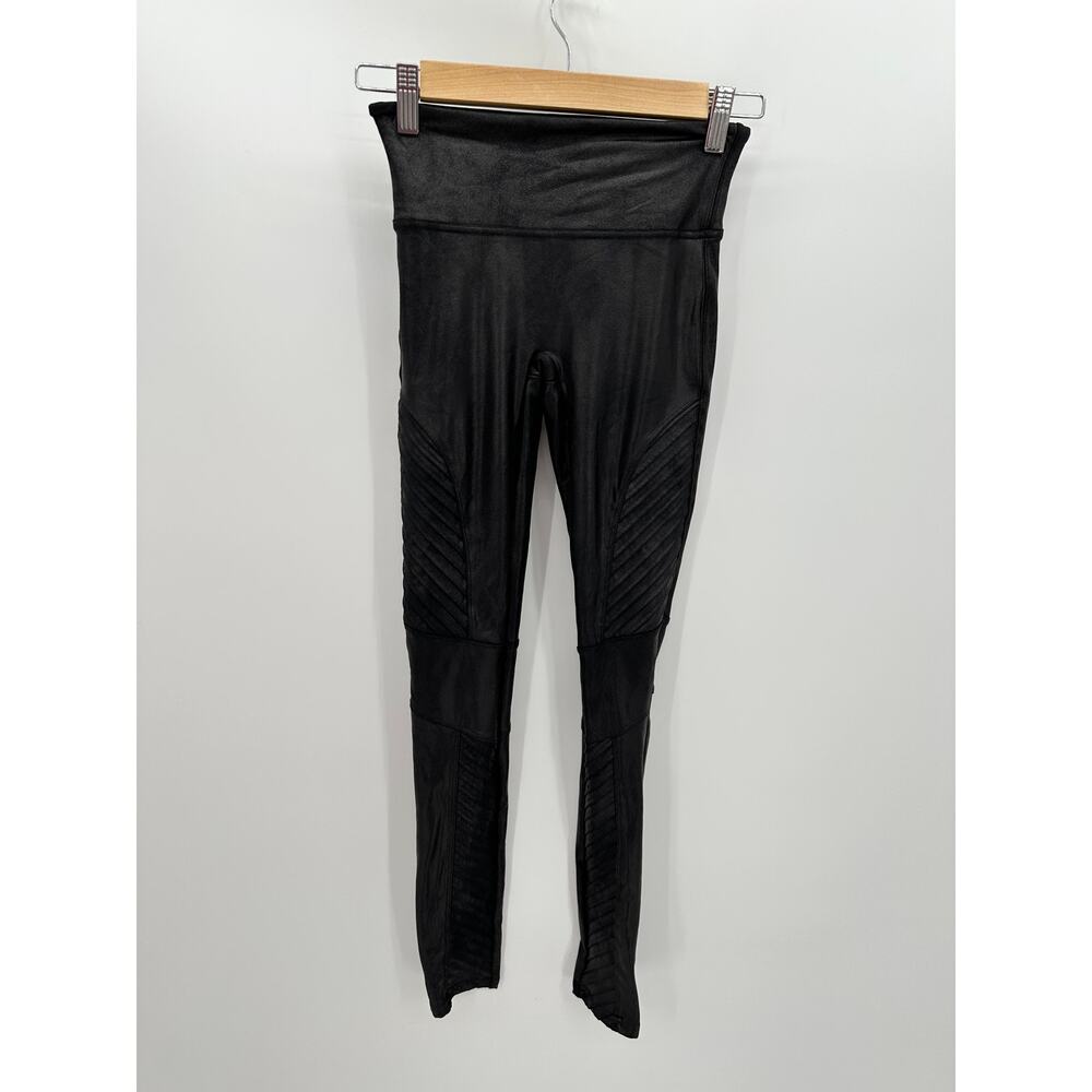 Spanx Black Moto Faux Leather Stripe Panel Pull On Stretch Leggings Womens XS